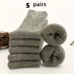 5 Pairs Men'S Thick Wool Blend Socks - Cozy Mid-Calf Winter Socks In Solid Colors (Dark Gray, Light Blue, Brown, Navy Blue, Beige, White), Soft & Warm For Casual Or Cold Weather, Cozy Footwear | Giftready Packaging | Quality Fabric Socks, Cute Socks - Image 9