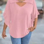 Women'S Plus Size V-Neck Blouse - Soft Pink, Ruffled Sleeves, Casual Summer Top With Golden Chain Detail, Casual Wear|Ruffled Sleeve Top|Vneckline Top