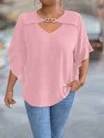 Women'S Plus Size V-Neck Blouse - Soft Pink, Ruffled Sleeves, Casual Summer Top With Golden Chain Detail, Casual Wear|Ruffled Sleeve Top|Vneckline Top