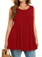 Plus Size Women'S Stretchy Sleeveless Round Neck Tank Top - Solid Color Casual Vacation Wear, Machine Washable Spring/Summer Tops, Ladies Tank Tops, Summer Plus Top, Flowy Fabric Top, Nontransparent Fabric, Travel Clothing, Relaxed Fit, Breathable Material, Warm Weather Outfits - Image 6