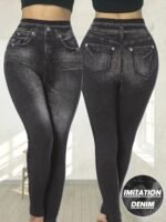 Plus Size Women'S Casual Style All-Season Stretch Denim-Look Leggings - High Elasticity, Machine Washable, Faux Pockets Detail, Polyester & Elastane Blend, Smooth Fabric, Ideal For Vacation, Plus Size Jeans.Non-Denim Pants With Denim Print