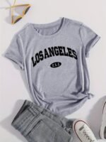 Women'S Casual Los Angeles Alphabet Print T-Shirt, Short Sleeve Crew Neck, Summer Knit Polyester Top With 5% Elastane, Regular Length - Black - Image 2