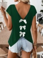 Women'S Casual Bowknot Short Sleeve T-Shirt - Black V-Neck With White Bow Detail, Perfect For Summer Outings And Casual Attire, Everyday Top | Bowknot Detailing | Stylish Accessory - Image 6