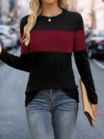 Women'S Elegant Color Block Crew Neck Top, 95% Polyester 5% Elastane Knit Fabric, Regular Length, Solid Pattern, Fall/Winter Fashion, 160G/M? Weight - Image 3