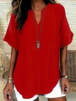Elegant Plus Size Women'S V-Neck Short Sleeve Blouse - Light Gray, Casual & Stylish For Spring/Summer, Relaxed Fit With Half-Sleeve Design, Casual Wear | Relaxed Fit Top | Stylish Necklin - Image 4