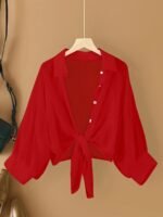 Plus Size Women'S Lightweight Semi-Sheer Chiffon Shirt - Casual Beach Cover-Up With Front Tie Bow, Loose Fit Open Front Button-Up For Swimsuits & Dresses, Machine Washable Spring/Summer Tops, Summer Layering Piece, Foldover Collar, Elegant Ruching, Vacation Outfit, Flowy Texture, Stylish Cover Up, Beachgoers Outfit - Image 8