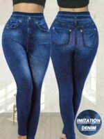 Plus Size Women'S Casual Style All-Season Stretch Denim-Look Leggings - High Elasticity, Machine Washable, Faux Pockets Detail, Polyester & Elastane Blend, Smooth Fabric, Ideal For Vacation, Plus Size Jeans.Non-Denim Pants With Denim Print - Image 2