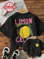 Women'S Black Short Sleeve Crew Neck T-Shirt - Bold "Limon Cello" Graphic Print With Lemon Slice Design, Casual Top For Summer & Spring, Machine Washable, Music Performance Attire, Playful Graphic Tee