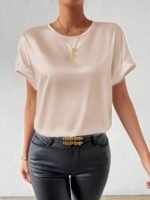 Women'S Plus Size Light Blue Woven Blouse - Elegant Short Sleeve Crew Neck, Solid Color, Non-Stretch Fabric, Perfect For Summer, Casual Summer Wear|Sleek Fitted Look|Nonstretch Material, Plus Size Blouses - Image 9