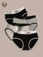 4Pcs Women'S Briefs - Soft, Comfortable, Stretchy Underwear With Elastic Waistband, Black & White, Fashionable Mid-Rise Design, Machine Washable, Cute Underwear