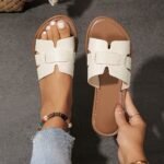 Women'S Summer Fashion Slip-On Flat Monogram Sandals, Solid Color Minimalist Open Toe Slides, All-Season Comfort, Man-Made Upper/Inner/Rubber Sole, Casual Outdoor Footwear - Image 7