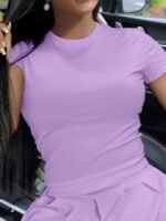 Solid Color Crew Neck T-Shirt, Casual Short Sleeve Top For Spring & Summer, Women'S Clothing - Image 4