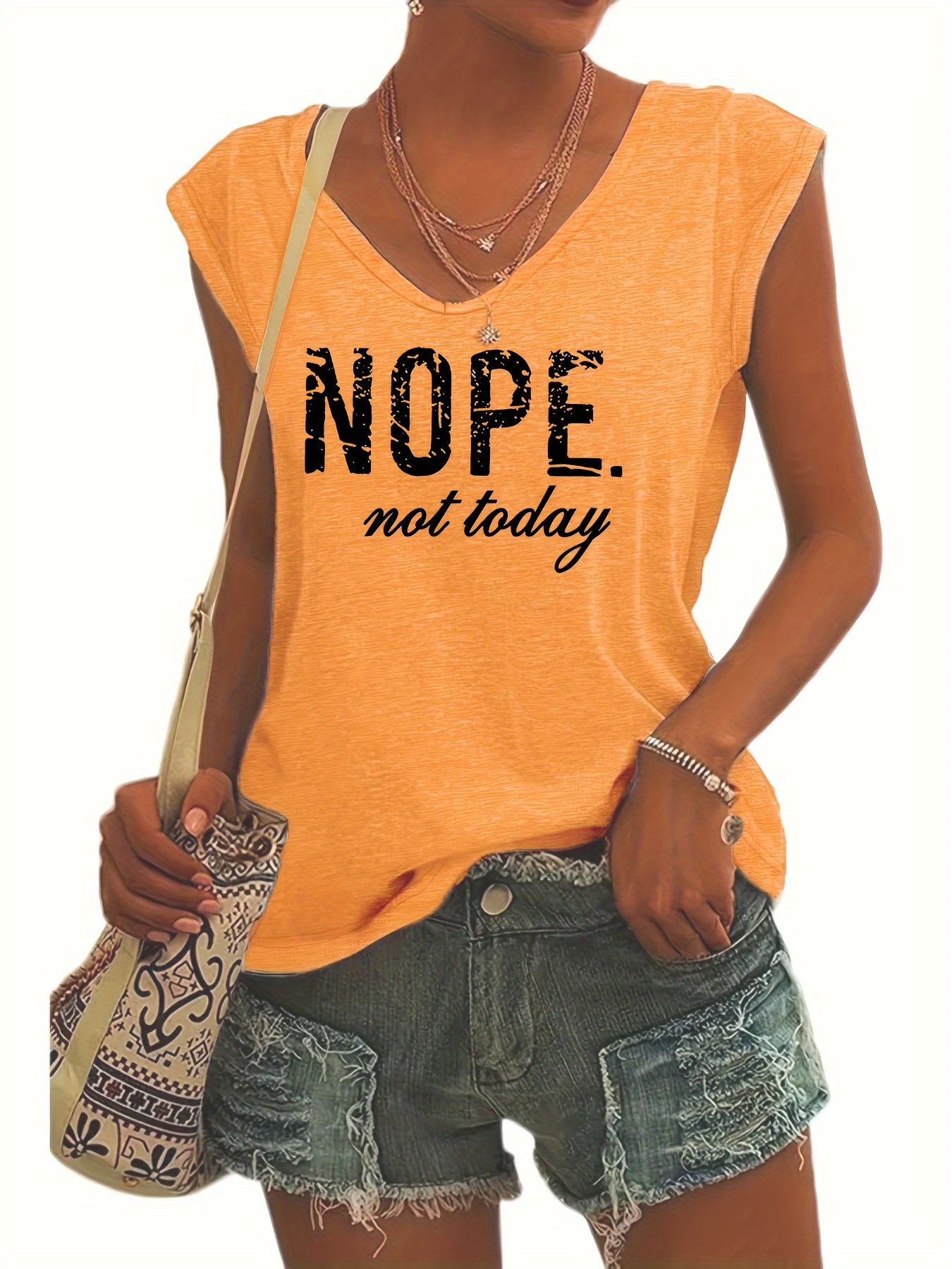 product-fancy-5f670c76-1dde-4dcd-b5dc-22158f4b4eb3.jpg Women'S Sleeveless V-Neck T-Shirt - "Nope. Not Today" Graphic Tee In - Casual Summer Everyday Outfits - Machine Washable Tops For Women - Image 1