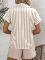 Women'S French Polo Shirt With Batwing Sleeves, Striped Print, 100% Polyester, Regular Length, Button Detail, Woven Fabric, 120G/M?, Spring/Summer/Fall Season - Image 2