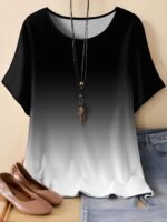 Plus Size, Oriented Plus Size Minimalist Two-Tone Print T-Shirt Spring/Summer Casual Round Neck Short Sleeve Top For Women, No Accessories Included - Image 3