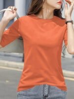 Women'S Stretchy Slim-Fit Mid-Sleeve T-Shirt - Lightweight Round Neck Casual Top, Solid Color All-Season Layering Essential, Machine Washable, Versatile Clothing, Sensual Fit Tee, Easycare Material - Image 4
