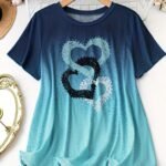 Valentine'S Day Women'S Crew Neck T-Shirt - Ombre Blue To Teal Heart Print Loose Stretch Beach Top, Machine Washable Casual Vacation & Casual Attire, Cruise T Shirts For Family, Relaxed Fit Shirt, Playful Graphic Tee, Comfortable Fit, Stretchy Fabric