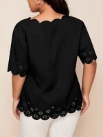 Plus Size Elegant V-Neck Blouse With Short Puff Sleeves - Navy Blue, Lace Embroidery Detail, Non-Stretch Fabric, All-Season Shirt For Women, Casual Attire|Vneck Blouse|Lace Embroidery - Image 6