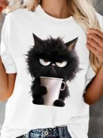 Women'S Casual Sporty T-Shirt, Black Cat Print, Comfort Fit Short Sleeve Tee, Fashion Breathable Casual Top - Image 3