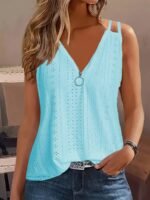 Solid Color Eyelet Zipper Top, Versatile Sleeveless Double Strap Top For Spring & Summer, Women'S Clothing - Image 4