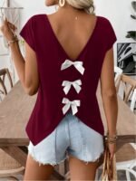 Women'S Casual Bowknot Short Sleeve T-Shirt - Black V-Neck With White Bow Detail, Perfect For Summer Outings And Casual Attire, Everyday Top | Bowknot Detailing | Stylish Accessory - Image 3