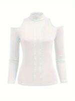 Rhinestone Butterfly Print Mock Neck T-Shirt, Casual Cold Shoulder Long Sleeve Top For Spring & Fall, Women'S Clothing - Image 5
