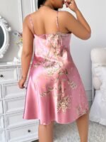 Plus Size Women'S Black & Golden Floral Print Spaghetti Strap Nightgown - Sexy Stack Neck Lounge Dress, Machine Washable All-Season Sleepwear For Adults, Night Dress Sleepwear, Elegant Nightwear, Allseason Fabric - Image 9