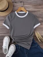 Contrast Trim Short Sleeve T-Shirt, Casual Crew Neck Top For Spring & Summer, Women'S Clothing - Image 5