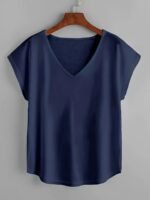 Women'S Plus Size Beige Batwing Sleeve V-Neck T-Shirt - Loose Fit, Elegant Pullover With Slight Stretch Fabric, All-Season Top, Comfortable Clothing | Minimalist Style | Glossy Finish, Plus Size Shirts - Image 5