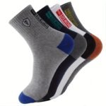 5 Pairs Men'S Athletic Crew Socks, Moisture-Wicking Knit Fabric, Solid Color, Polyester 75%, Spandex 25%, With Embroidered Badge, For Hand Wash Only, Sweat-Resistant - Image 7