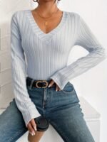 Women'S Chic Ribbed V-Neck Slim Fit Top - Elegant Long Sleeve, Solid Black, Perfect For Fall/Winter Fashion, Stylish Layering Piece - Image 4