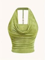 Elegant Mint Green Halter Neck Backless Top For Women - Textured Satin, Adjustable Strap, Knot-Front Detail, Perfect For Spring/Summer/Fall - Image 5