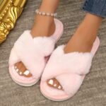 Women'S Plush Faux Fur Cross-Strap Slip-On Slippers - Open-Toe Indoor House Shoes With Eva Sole, All-Season Cozy Warmth & Fluffy White Design For Home Comfort, Cute Slippers - Image 5