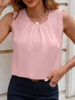 Women'S Elegant Solid Color Sleeveless Blouse - Round Neck Button Front, Machine Washable Non-Stretch Fabric, All-Season Versatile Top For Casual & Formal Wear, Buttoned Front Top, Sophisticated Design - Image 5