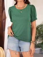 Crew Neck Solid T-Shirt, Elegant Ruched Short Sleeve Top For Spring & Summer, Women'S Clothing - Image 9