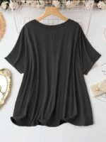 Plus Size Solid Simple V Neck T-Shirt, Casual Short Sleeve Top For Spring & Summer, Women'S Plus Size Clothing - Image 3