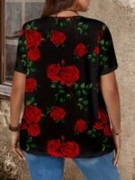 Plus Size Rose Print V Neck T-Shirt, Casual Short Sleeve Top For Spring & Summer, Women'S Plus Size Clothing - Image 6