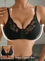 1Pc Elegant Black Lace-Trimmed Wireless Bralette With Front Closure, Breathable & Seamless Light Support For Spring/Summer, No-Pad Comfort Fit, Backless Design, Lace Trim Detail - Image 4