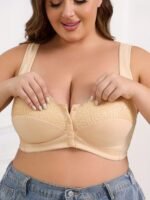 Plus Size Women'S Front Closure Wire-Free Contrast Lace Bra - Jacquard & Lace Trim, Non-Removable Padded Cups, Minimalist Everyday Comfort For Autumn Winter, Elegant Lingerie, Soft Fabric Construction
