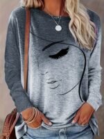 Abstract Print Round Neck T-Shirt, Spring Autumn Casual Long Sleeve Tee For Women - Image 3