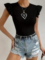 Ruffle Trim Crew Neck Top, Versatile Solid Color Slim Top For Spring & Summer, Women'S Clothing - Image 8