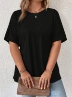 2024 New Women'S Comfortable & Stylish Pocket T-Shirt - Middle Eastern-Inspired Round Neck Short Sleeve Top, Solid Black, Machine Washable For Spring/Summer Casual Wear, Everyday Comfort Tee, Modern Casual Tee, Durable Everyday Shirt - Image 3