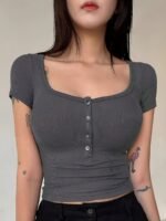 Women'S Elegant Ribbed Crop Top With Button Front - Pink, Short Sleeve, Button-Up Shirt For Spring/Summer, Polyester Blend, Machine Washable, Spring Fashion Tee | Buttonup Shirt | Texture - Image 6