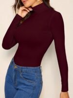 Solid Color Mock Neck T-Shirt, Versatile Long Sleeve T-Shirt For Spring & Fall, Women'S Clothing - Image 7