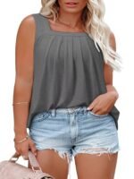 Plus Size Casual Tank Top, Women'S Plus Solid Pleated Square Neck Medium Stretch Tank Top - Image 5