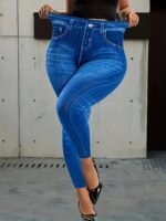 Women'S Plus Size Geometric-Pattern Skinny Pants, High Stretch Knit Fabric, Asymmetrical Detail, Polyester 95% Elastane 5%, All-Season Casual Base Layer Trousers, 180G/M? - Image 2