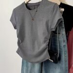 Women'S Elegant Ruffled Short Sleeve T-Shirt - Round Neck Casual Top, Solid Color, Machine Washable, All-Season Comfort Fit, Ladies T Shirts, Versatile Clothing, Simple Fashion, Texture