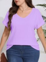 Plus Size, Plus Size Women'S Elegant V-Neck T-Shirt - Soft Semi-Sheer Fabric, Vibrant Red, Machine Washable, Spring Summer Fall Casual Top, Ladies T Shirts, Seasonal Fashion, Sophisticated Casual, Comfortable Fit - Image 10