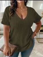 Plus Size V-Neck Casual Elegant Women'S Top - Stretchy Fabric, Machine Washable, All-Season Versatile Blouse For Everyday & Formal Wear, Ribbed Texture, Medium Elasticity - Image 9