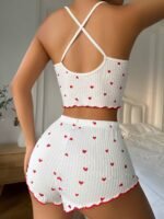 Women'S Heart Print Frill Trim Sexy Ribbed Pajama Set, Bow Decor Notched Neck Backless Crop Cami Top & Shorts, Comfortable Relaxed Fit, Summer Nightwear - Image 8